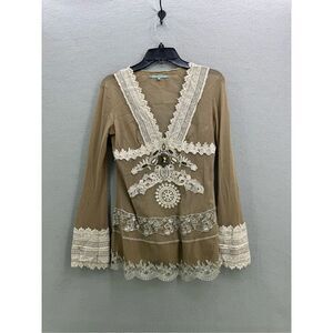 Passion Concept Womens Tan White Lace Beaded Sheer Y2K Tunic Top Size Medium